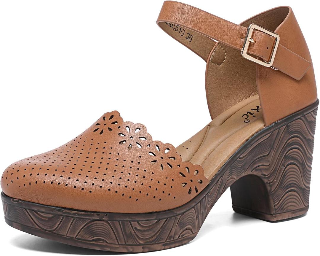 Altxic Women's Closed Round Toe Hollow Out Vamp Ankle Strap Buckle Low Block Chunky Heels Sandals Camel 6.5-7 US