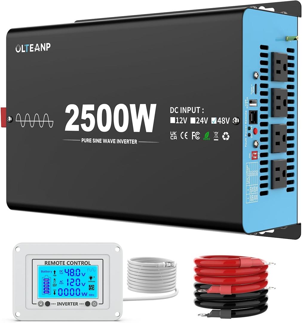48V 2500W Pure Sine Wave Inverter 48V DC to 110V AC, 5000W Peak Power, 4 AC Outlets, USB & Type-C Port, Adjustable Input for Lithium Battery, Solar/Off-Grid Backup with LCD Remote
