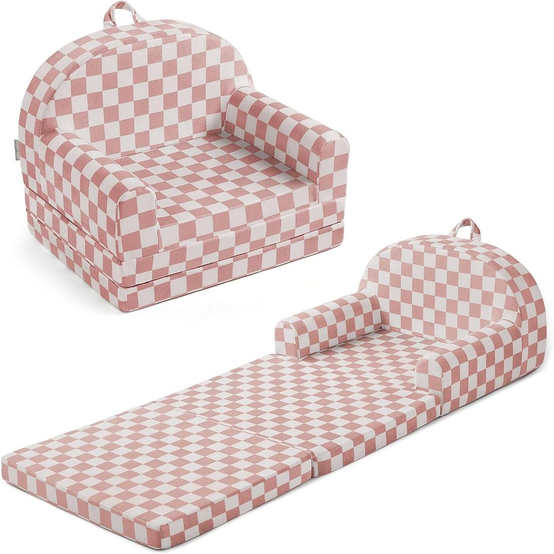 Blissful Diary Foldable Toddler Couch, 2-in-1 Comfy Toddler Chair & Lounger for Reading, Playroom, Kids Couch Sofa for Girls Boys Birthday Gift, Blush Checkered