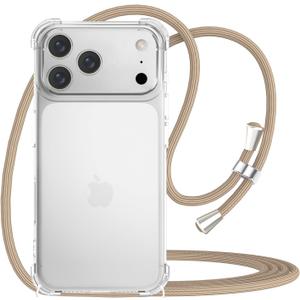 for iPhone 17 Pro Strap Case Adjustable Shoulder Neck Lanyard Crossbody Cover Women Girls Clear Soft Slim Transparent Protective Phone Mobile Case for iPhone 17 Pro - Beige