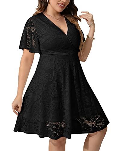 SCOMCHIC Women Plus Size Lace Cocktail Dresses Faux Wrap V Neck Short Sleeve Flowy A Line Wedding Guest Midi Dress Black 2XL