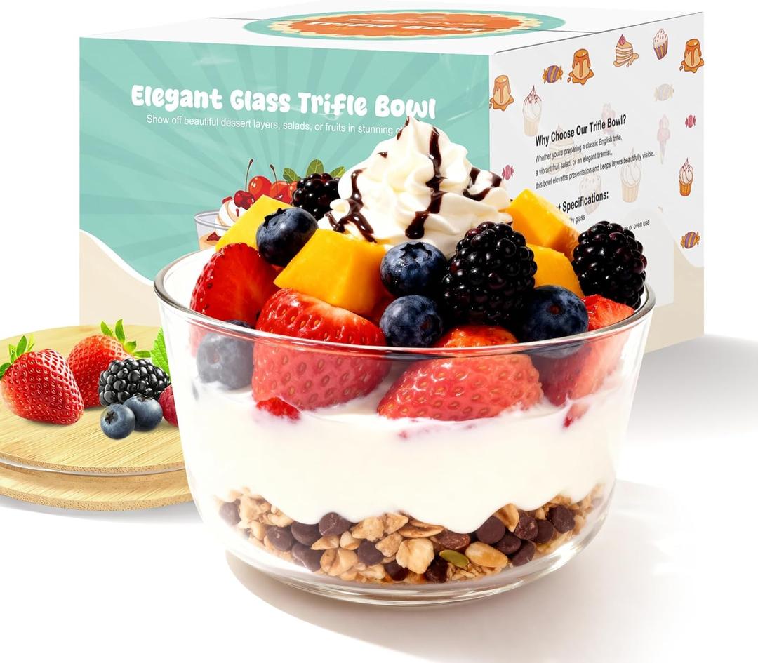 KEINVE Trifle Bowl with Lids, 97oz Glass Serving Bowls, BPA-Free Borosilicate Salad & Fruit Bowls, Airtight Food Storage Containers, Ideal for Layered Desserts & Holiday Parties