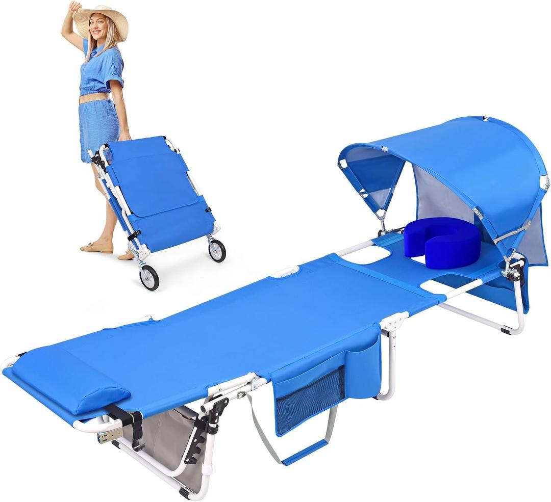 Wheel-To-Go Tanning Chair with Wheels Sun Canopy Umbrella Face Hole Thicker Washable Adjustable, Heavy Duty Folding Lay Flat Sun Lounge Chair Beach Outside Sunbathing Reading, UPF 50+ (Patent Design), 23.2 x 74.8 x 13.6 inches