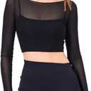 Women's Workout Long Sleeve Yoga Shirts Mesh Gym Athletic Tops with Sports Bra (Medium, Black)