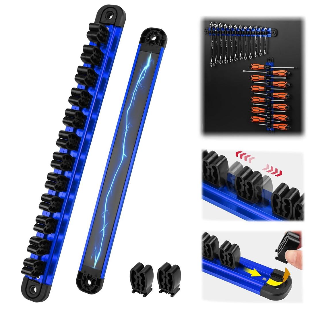 Magnetic Screwdriver Organizer and Wrench Organizer, 14-Slot Screwdriver and Wrench Holder, Magnetic Aluminum Rail Tool Organizer for Tool Box Drawer Wall-Mount Storage, Blue (Tools not Included)