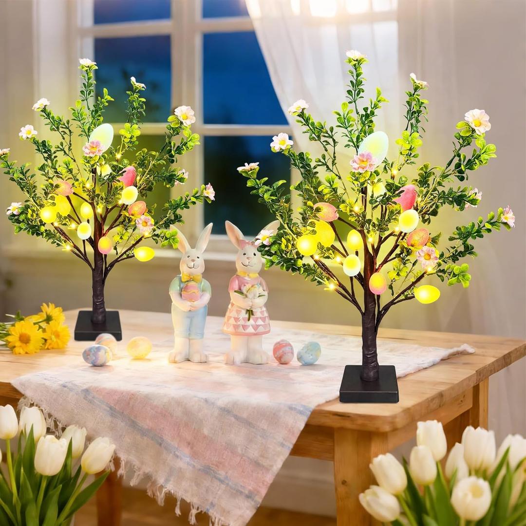 2 Pack 22" Lighted Easter Tree Decorations with 24 Pink Flowers & 24 Eggs, Battery Operated Tabletop Artificial Spring Tree with Timer, DIY Prelit Easter Decor for Home Indoor Centerpiece, Easter Tree, 2