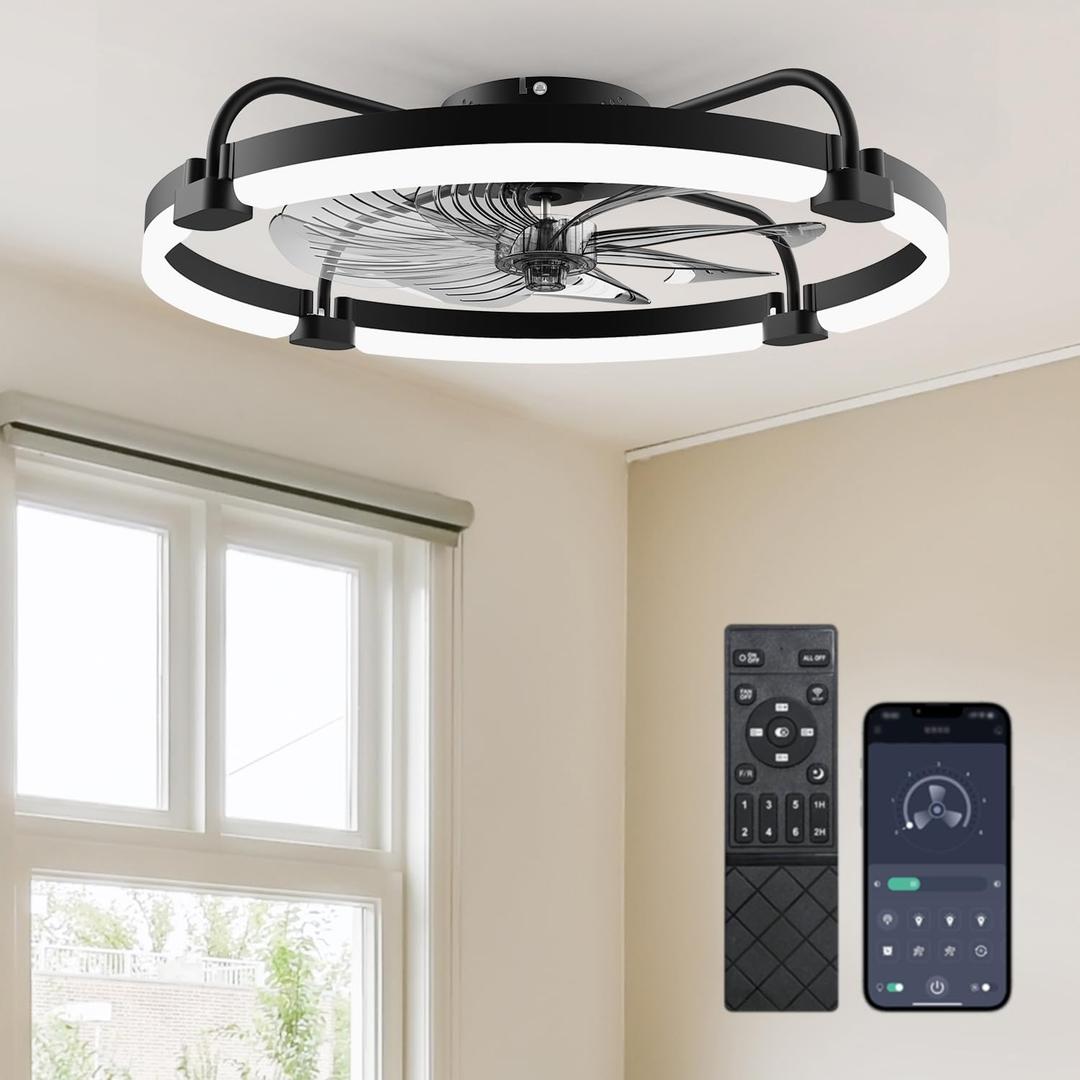 Ensenior 24 Inch Flush Mount Ceiling Fans with Lights, APP Control, Black