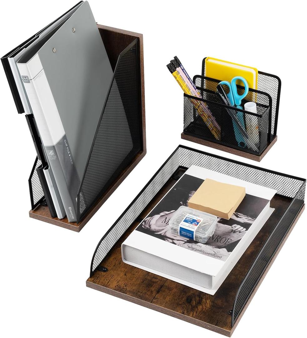 Vintage Wood & Mesh Office Supplies 3 Piece Set- Letter Tray, Magazine File Holder, Pen Holder and Letter Sorter, Desktop Organizer Set Desk Decoration Accessories