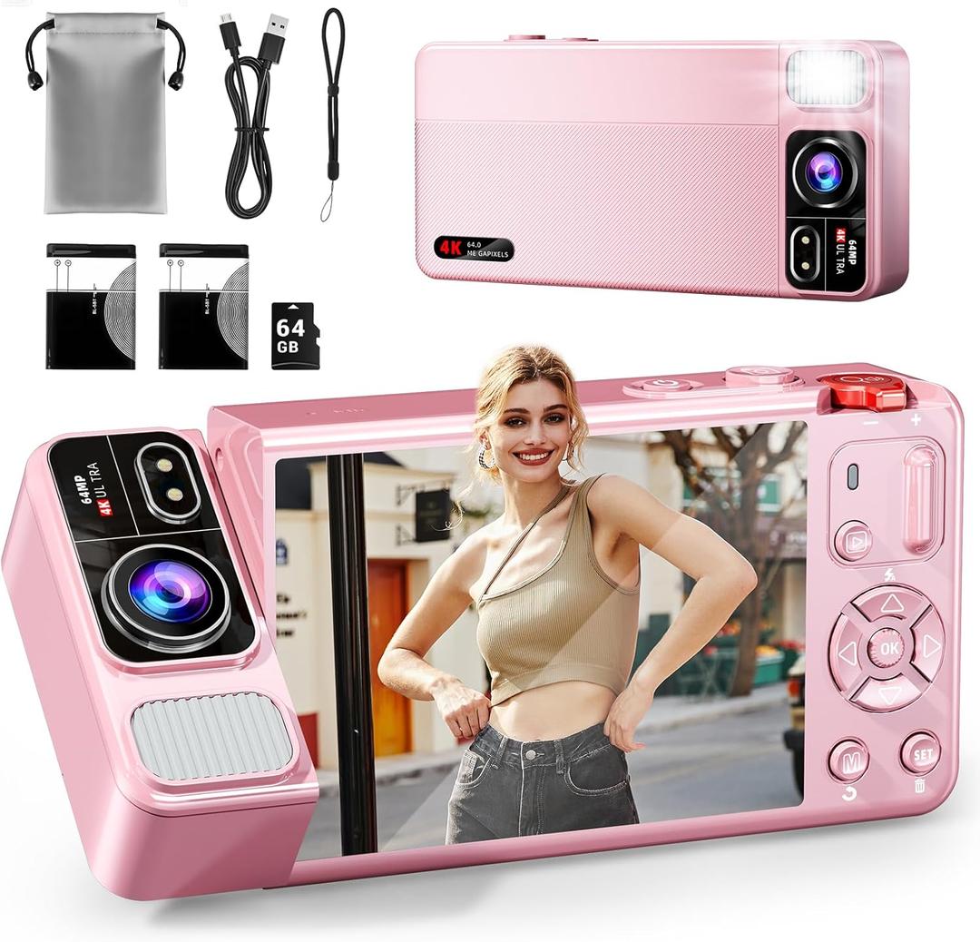 Digital Camera, 4K 64MP Cameras for Photography, 270Flip Screen Vlogging Camera, Autofocus, Flash, 18X Zoom, 2 Batteries, 64GB Card, Point and Shoot Digital Cameras for Kids Teens, Pink