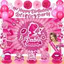 Pink Birthday Decorations for Girls Hot Pink Birthday Banner Balloons Let's Go Party Banner Hanging Swirls Centerpieces Sash Paper Pompoms for Princess Bday Doll Theme Disco Bachelorette Party