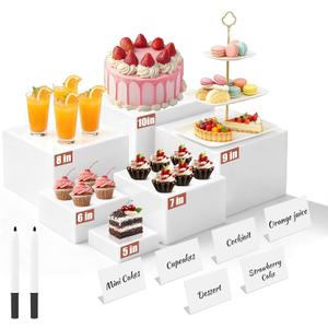 6Pcs Buffet Risers with Mini Sign and Maker, Acrylic Food Risers for Buffet Table, White Food Display Stands for Party, Collectibles Jewelry Display Stand, Acrylic Boxes Nesting Risers(10",9",8",7",6",5")