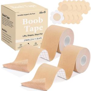 2 x Adamotto Boob Tape for Breast Lift - 2 Rolls Waterproof Adhesive Body Tape with 5 Pairs Nipple Covers, Invisible Support for Backless Strapless Dresses A-DD Cup Beige