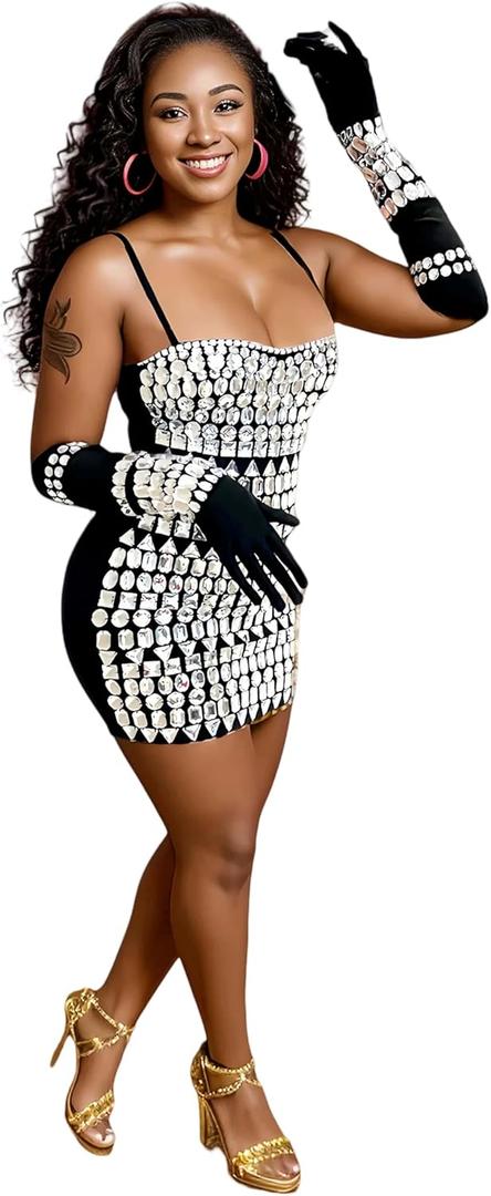 Adjustable Straps Rhinestone Bodycon Dress for Women Special Occasions (Medium, Black)