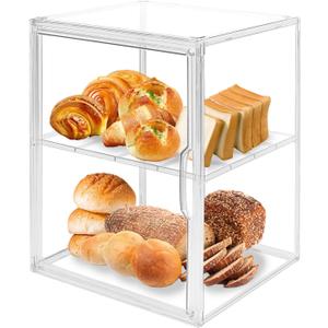 Large Clear Bread Box for Kitchen Countertop 2 Layers Acrylic Pastry Display Case Bakery Storage Container with Magnetic Door Bread Keeper for Homemade Cookie Cupcake Muffins Bagel