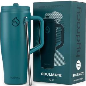 Hydracy Soulmate Insulated Tumblers with Handle and Stainless Steel Straw - 100% Leakproof Reusable Insulated Cup - Cupholder Friendly Rubber Base Travel Mug - Twilight Teal