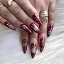 Christmas Press on Nails Long Almond Fake Nails with Gold Foil Design Snowflake Glue on Nails Xmas Tree Stick on Nail Wine Red Gift False Nail for Women Girls Winter Holiday Manicure 24pcs