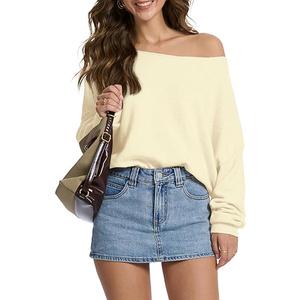 Women's Sweater Off Shoulder & Boat Neck Oversized Long Sleeve Pullover Cozy Knit Fall Winter Casual, Pale Yellow Medium