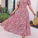 ZESICA Women's 2026 Summer Spring Floral Boho Maxi Dresses Casual Short Sleeve V Neck A Line Flowy Beach Vacation Dress (Pink)