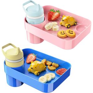 [Pink+Blue] Car Seat Snack Tray for Toddlers - 3 Inch Cup Holder Fits Most Sippy Cups & Straw Bottles with Dip Well, Mess-Free Square Kids Travel Tray Road Trip Essentials, Blue & Pink