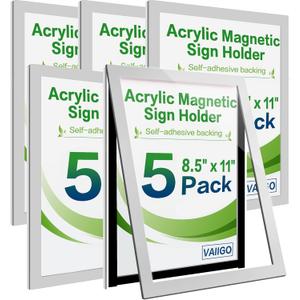 Acrylic Sign Holder 8.5" x 11" Wall Mount, Self Adhesive Magnetic Display Frame with Nano Tape, Plastic Clear Document Frame for Office, Store, School, Home, Wall Picture Frame (Silver, 5 Pack)