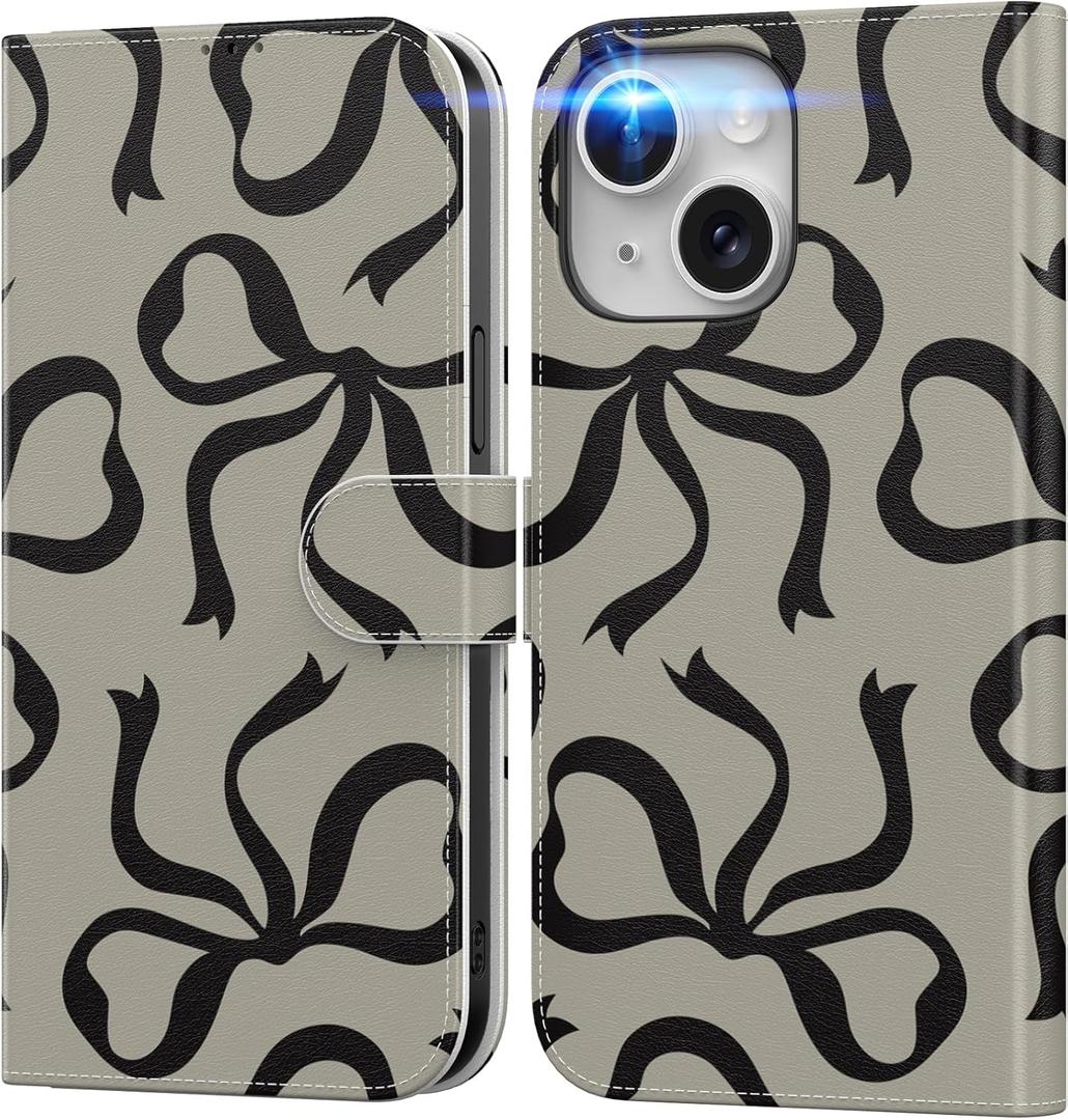 DEENAKIN for iPhone 15 Wallet Case with Card Holder + Cash Clip, RFID-Blocking, Military-Grade Drop Protection & UV-Printed Artwork, Magnetic Closure with Leather Kickstand - Black Bows