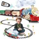 JQ JUQU Remote Control Train Set for Kids Ages 3-8, Electric Toy Train with Steam, Lights & Sounds, Includes 17 Tracks & Rechargeable Battery for Indoor Play
