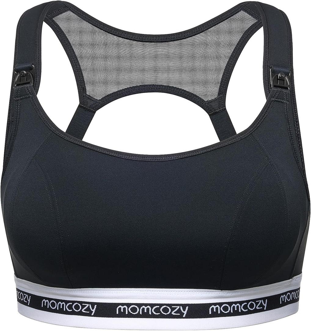 Momcozy Nursing Bras for Breastfeeding, FB011 Low-Impact Nursing Sports Bra Support Maternity Pregnancy Padded Wireless Bra (Large, Black)
