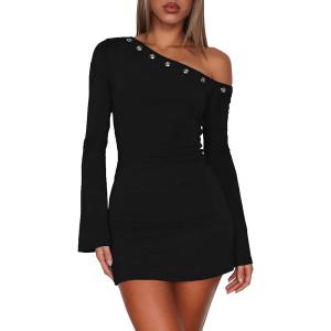 Women's One Shoulder Metal Ring Mini Dresses Sexy Flared Long Sleeve Slim Fit Bodycon Club Party Y2K Fall Dresses (Medium, Black)