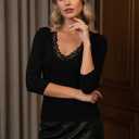 LUXVEER 3/4 Length Sleeve Womens Tops Lace Sexy V Neck Ribbed Knit Fitted T Shirts Dressy Casual Blouses Going Out Tops (Black, M)
