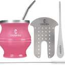Yerba Mate Cup - Mate Gourd Set Includes Double Walled Stainless Steel Tea Cup, Tea Shaper set, Bombilla Straws, Cleaning Brush (Red)