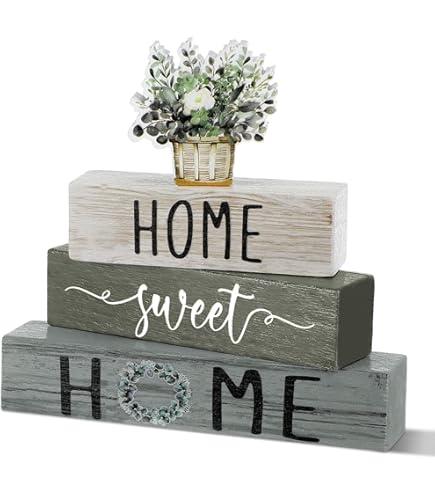 Cinnvoice 4 Pcs Farmhouse Wooden Tabletop Decor Eucalyptus Leaves Spring Rustic Tiered Tray Decor Home Sweet Home Table Centerpiece for Centerpiece Table Decoration Housewarming Gifts