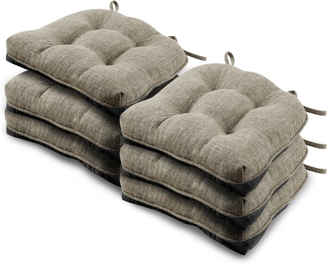 Basic Beyond Chair Cushions for Dining Chairs 6 Pack, Chair Cushion with Ties and Non Slip Backing, 15.5 x 15.5 inches Tufted Chair Pads for Dining Chairs, Khaki