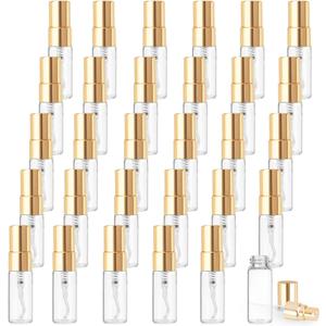 Cositina 30 Pack 3ml Fine Mist Atomizer Glass Bottle Mini Clear Spray Vials Empty Refillable Perfume Bottles with Gold Lids for Fragrance Scent Liquid Sample DIY Sprays