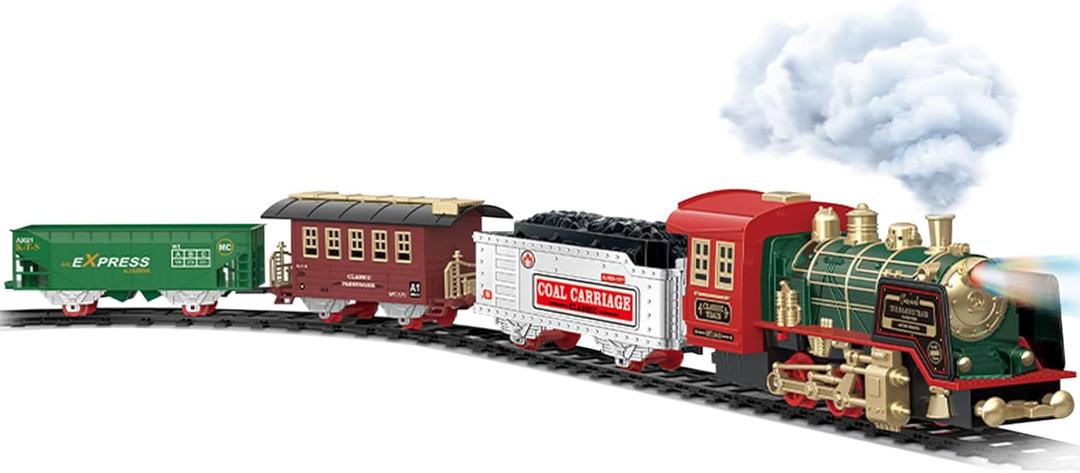 Christmas Train Set Electric Retro Steam Remote Control Christmas Train with Light and Sound 3 Carriage Simulation Set Gifts for Kids, No Battery