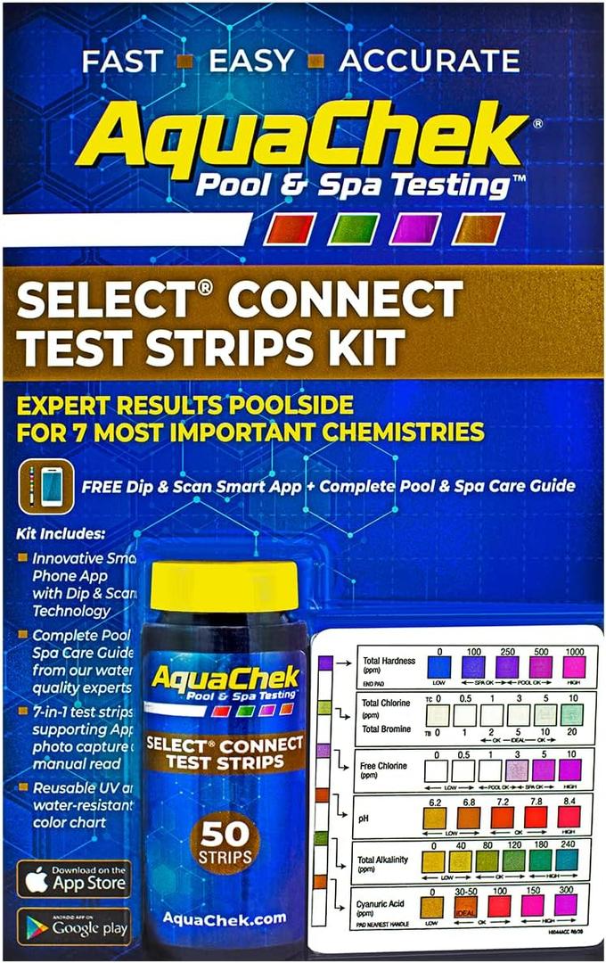 AquaChek Select Connect 7-Way Pool and Spa Test Strips Complete Kit - Pool Test Strips for pH, Total Chlorine, Free Chlorine, Bromine, Alkalinity, Total Hardness, and Cyanuric Acid - (50 Strips) (1-Pack)