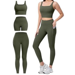 SALSPOR 3 Piece Workout Sets for Women High Waisted Leggings with Pockets Tummy Control Biker Shorts Yoga Sports Bra(3YFTZ-Army Green-2XL)