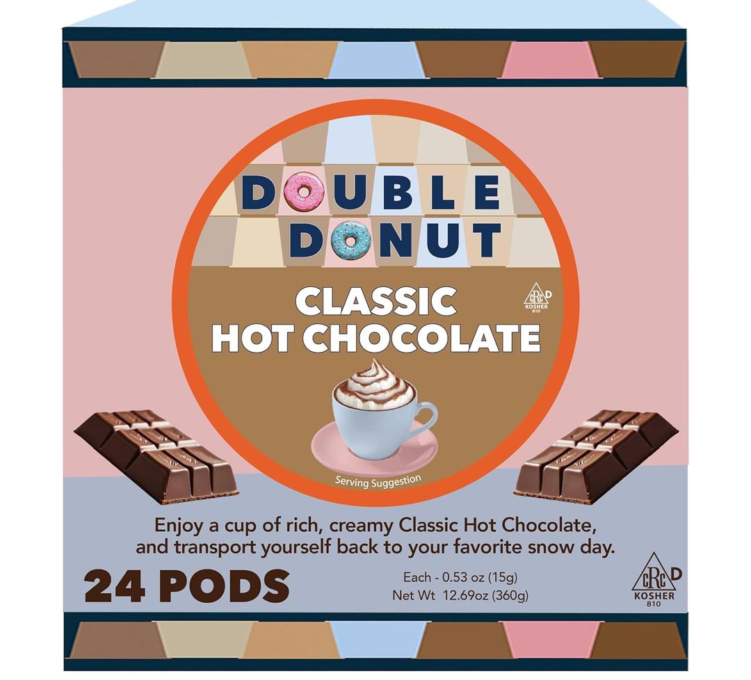 Double Donut Coffee Hot Chocolate Pods for Keurig K Cups Brewers, Single Serve Classic Hot Cocoa Pods, 24 Count (EXP 12/16/27)