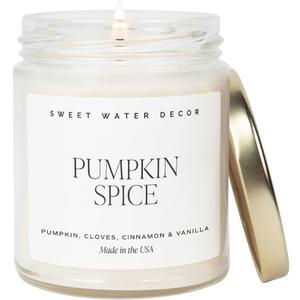 Sweet Water Decor Pumpkin Spice Candle - Fall Candles with Pumpkin, Clover, Cinnamon & Vanilla Scent for Home - Autumn Candle with 40 Hours Burn Time - 9Oz Gold Lid Clear Jar Pumpkin Soy Candles (Text Label)