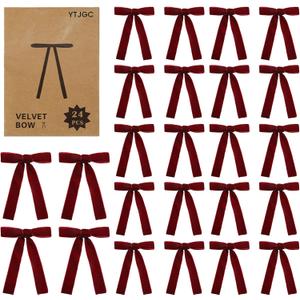 24 Pcs Red Velvet Ribbon Christmas Tree Bows Bow Tree Topper Door Garland Decor Vintage Wreath Bow Velvet Bows Ornaments for Christmas Trees Gifts Party Door Garland Wreath Decor (Burgundy)