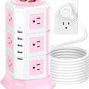 Pink Tower Power Strip with Surge Protection | HITRENDS 12 AC Outlets + 5 USB Ports | 16AWG/ 15 Ft Extension Cord with Multiple Outlets | Space-Saving Design for Office & Home(1625W, 1050J)