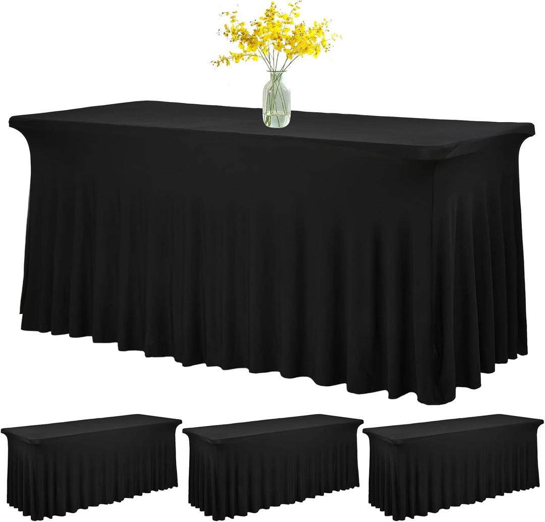 3 Pack 6ft Spandex Table Skirt Fitted Black Stretch Tablecloth,One-Piece Wrinkle-Resistant Ruffles Design,Perfect for Rectangle Tables Banquets Parties Wedding
