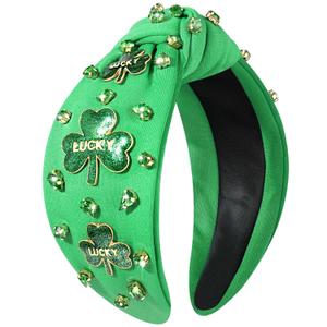 YAHPERN St. Patricks Day Headband for Women Good Luck Shamrock Knotted Headband Green Crystal Wide Top Knot Headbands Lucky Irish Holiday St. Patricks Day Hair Accessories Party Gifts (Shamrock 1)