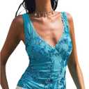 MakeMeChic Women's Y2k Sparkly Sequin Tank Tops Floral Sexy V Neck Lace Crop Party Top (Blue)