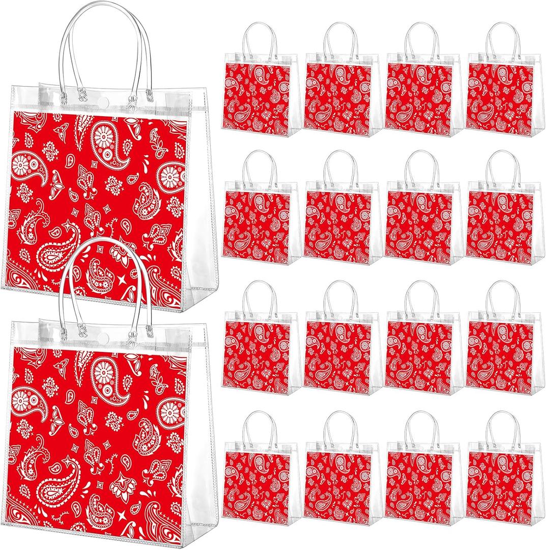 Resholder 24 Pcs Red Bandana Clear Gift Bags with Handles Western Cowboy Theme PVC Snack Treat Goodie Gift Bags for Cowboy Rodeo Birthday Party Western Party Supplies, 8 x 8 x 3.15 Inch