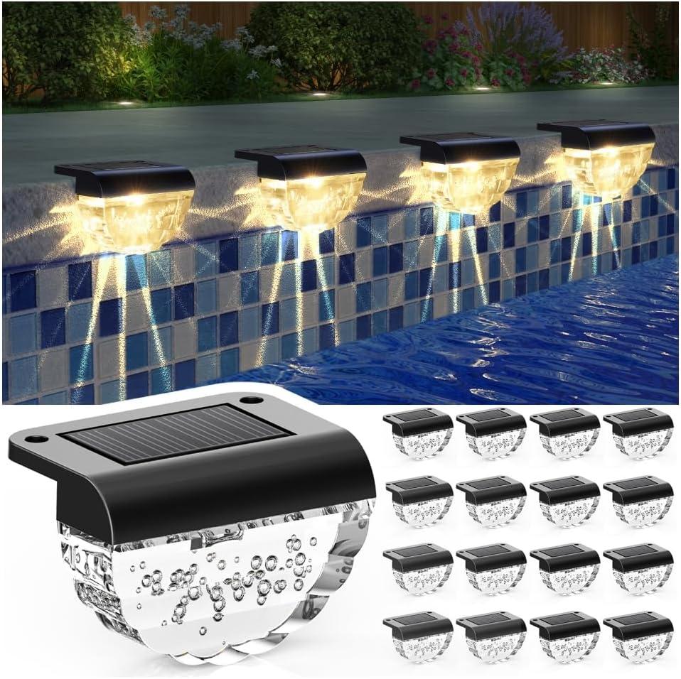 Melunar 16 Pack Solar Deck Lights Outdoor, Solar Step Lights Waterproof for Outside, Yard, Patio, Garden, Pool, Railing, Stairs, Fence (Warm White)