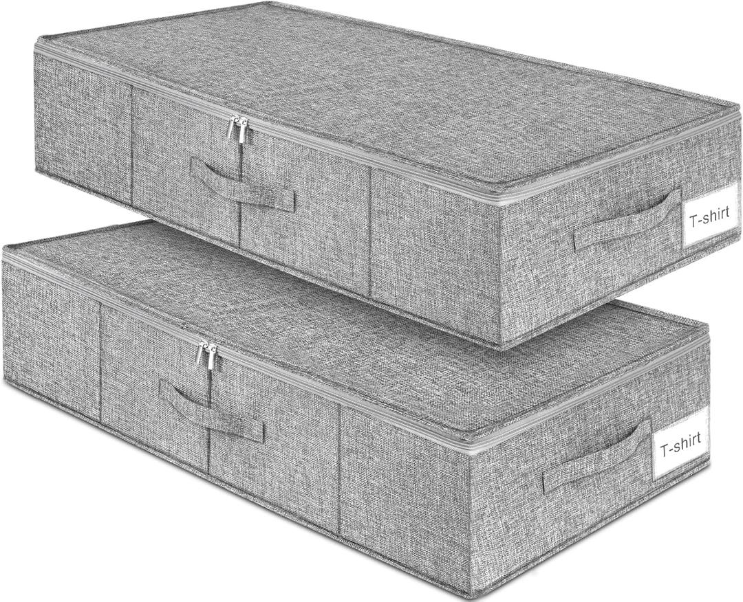 Under Bed Storage, 2 Pack Underbed Storage Container Bags With Lid, Foldable Sturdy Clothes Storage Drawer Organizer W/ 3 Handles, Ultra Thick Fabric Blanket Shoe Storage Box, 30x15x6.7inch, Grey