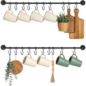 Mkono Mug Holder Wall Mounted Coffee Cup Rack Hanger Modern Metal with 20 Mug Hooks Rustic Utensil Tea Cups Storage Organizer for Kitchen Dining Room Coffee Bar, Set of 2, Black (Large)