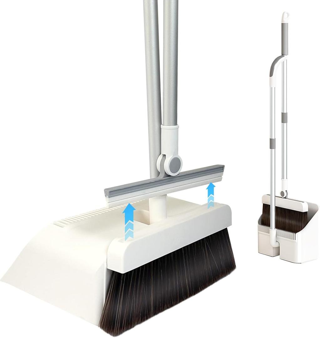 3-in-1 Magnetic Broom and Dustpan Set: 180 Rotatable Silicone Broom, Large Dust Pan with Self-Cleaning Teeth, Upright Stand Broom and Dustpan Combo for Home, Office, Lobby, and Pet Hair Cleaning