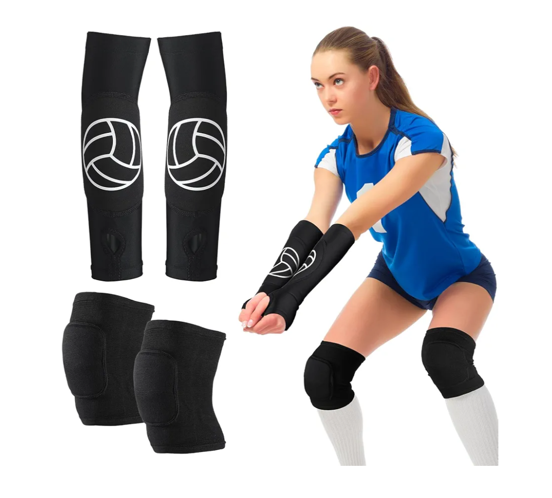 Hungdao 1 Set Volleyball Knee Pad and Arm Sleeve Volleyball Accessories Stuff Forearm Elbow Sleeve Wrist Guard with Protection Pad and Thumb Hole for Women Men Adult(Classic)