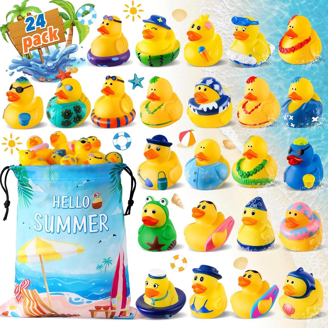 24 Pcs Summer Rubber Ducks with a Bag, Ducks for Jeeps, Assorted Beach Toys for Duckies Games, Summer Prizes Holiday Party Favors, Pool Water Bath Cruise Toys, Easter Basket Stuffers Party Favors